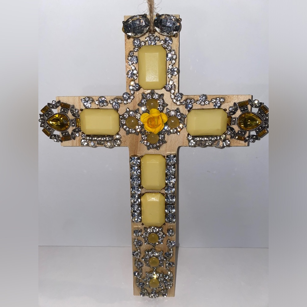 Yellow & Rhinestones Artisanal Wood Cross w/ Repurposed Jewelry Wall Deco